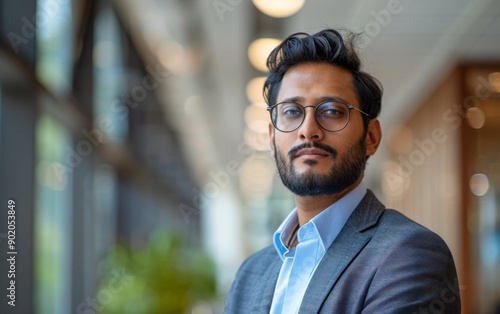 Wallpaper Mural A self-assured Indian businessman stands in a modern corporate office, exuding professionalism and focus during his workday Torontodigital.ca