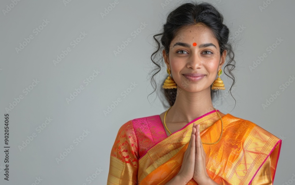 A beautiful Indian woman dressed in a colorful saree poses gracefully with her hands in a prayer gesture, embodying tradition and spirituality A beautiful Indian woman dressed in a colorful saree poses gracefully with her hands in a prayer gesture, embodying tradition and spirituality