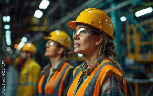 Workers in safety vests and hard hats observe operations inside a manufacturing facility, ensuring safety and efficiency during the day shift