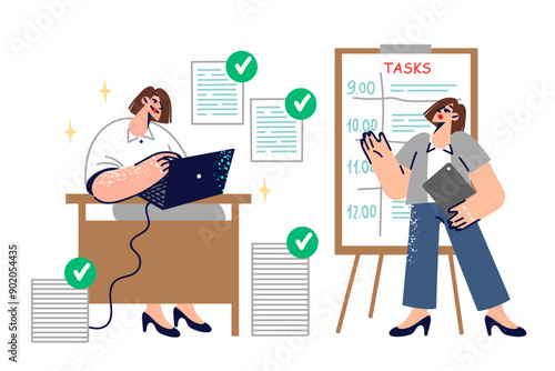 Women use time management system, scheduling on whiteboard to increase productivity in office work