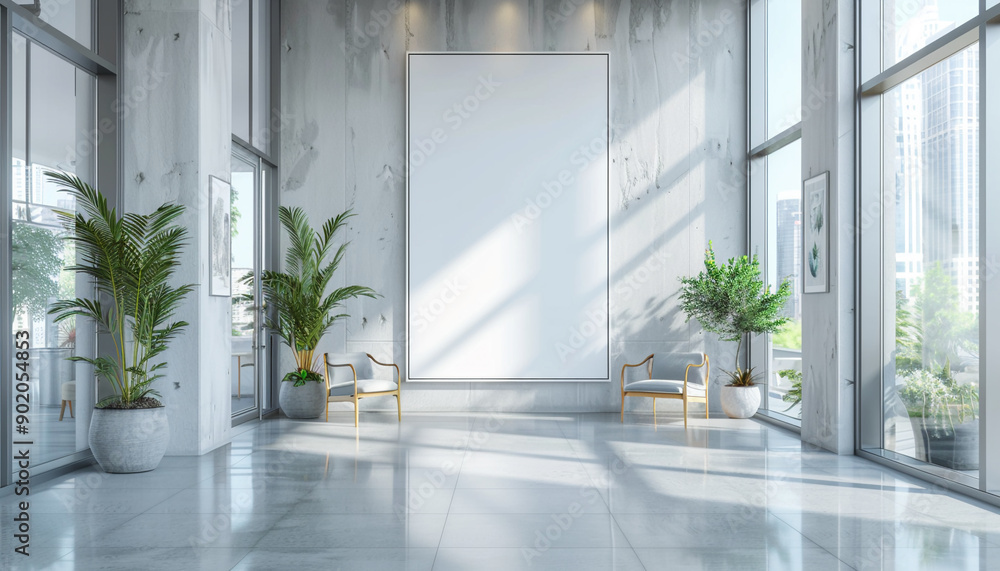 Sleek hotel lobby functional design with empty frame Sleek hotel lobby functional design with empty frame
