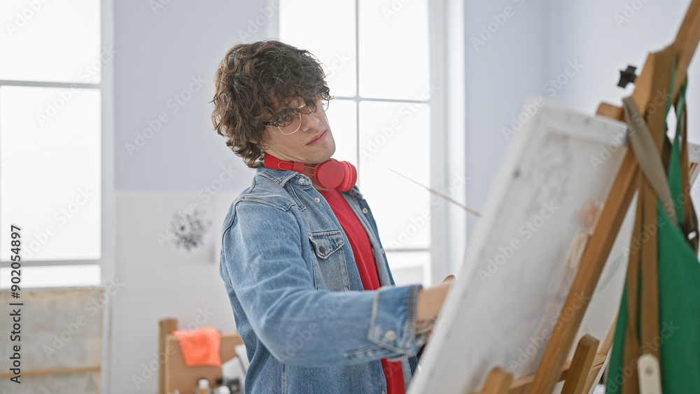 Handsome young man with curly hair painting on an easel in a bright art studio, exuding creativity and concentration. Handsome young man with curly hair painting on an easel in a bright art studio, exuding creativity and concentration.