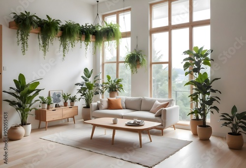 Minimalist and modern living room interior with big windows, green plants