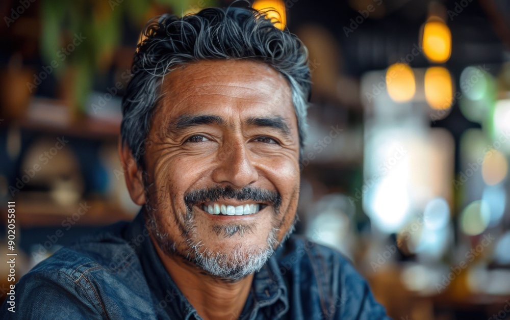 A middle-aged Hispanic man is smiling warmly while seated indoors in a cozy café, surrounded by soft lighting and a welcoming atmosphere A middle-aged Hispanic man is smiling warmly while seated indoors in a cozy café, surrounded by soft lighting and a welcoming atmosphere