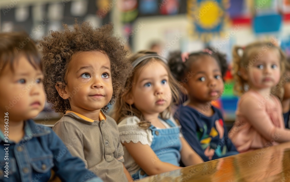 A diverse group of toddlers sits attentively at their desks in a vibrant classroom during a learning activity A diverse group of toddlers sits attentively at their desks in a vibrant classroom during a learning activity