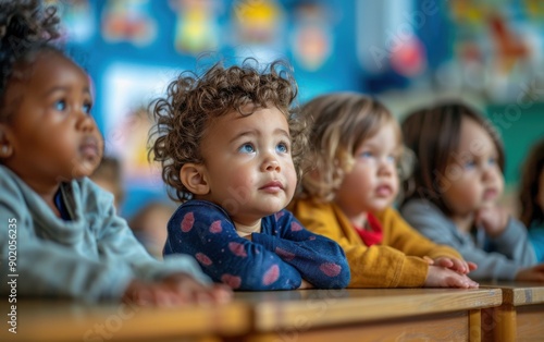 A diverse group of toddlers attentively listens as they participate in a classroom learning activity, showcasing curiosity and engagement
