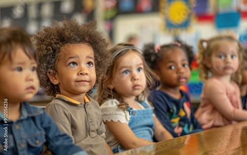 A diverse group of toddlers sits attentively at their desks in a vibrant classroom during a learning activity