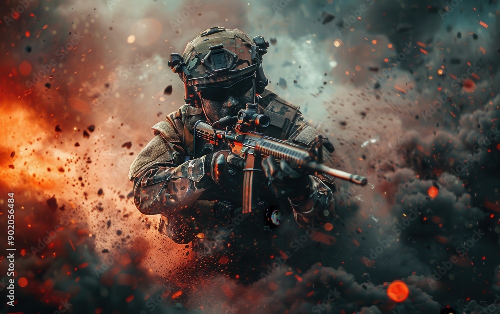 A soldier is actively engaging enemies as explosions and smoke surround the chaotic battlefield A soldier is actively engaging enemies as explosions and smoke surround the chaotic battlefield