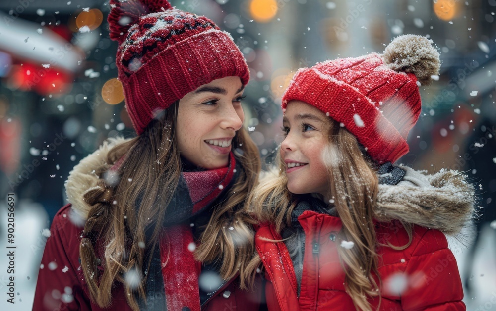 A mother and daughter glide across a sparkling ice rink, laughing and enjoying a magical winter day surrounded by festive lights A mother and daughter glide across a sparkling ice rink, laughing and enjoying a magical winter day surrounded by festive lights