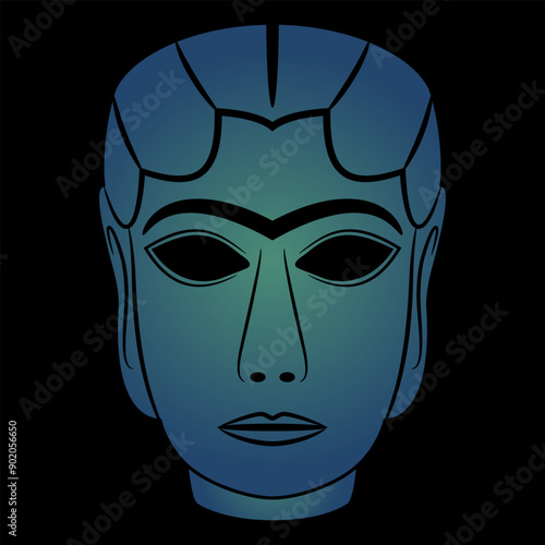The Mask from Warka. Lady of Uruk. Female head of ancient woman or goddess Inanna from Iraq. Blue silhouette on black.