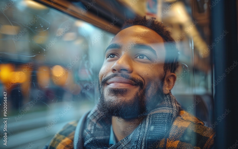 Fototapeta premium A young mixed-race man smiles while gazing out the window of a train during his evening commute, embodying a moment of joy and reflection