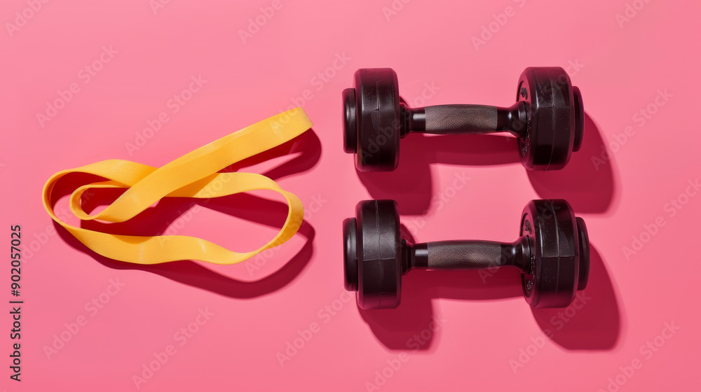 Free weights and a resistance band used for exercise lay flat on a pink backdrop. Free weights and a resistance band used for exercise lay flat on a pink backdrop.