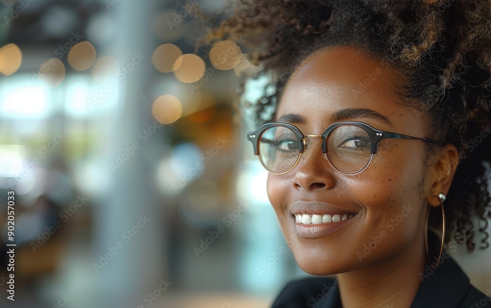 Obraz premium A confident black businesswoman smiles warmly while seated in a contemporary office setting, showcasing her professional demeanor and style