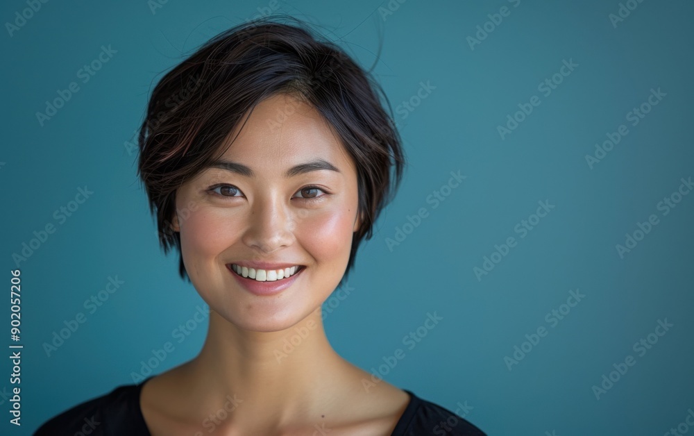 A young Asian woman is smiling warmly, showcasing her short hair and bright, confident demeanor in front of a vibrant backdrop A young Asian woman is smiling warmly, showcasing her short hair and bright, confident demeanor in front of a vibrant backdrop