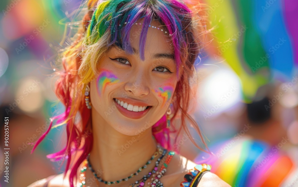 A joyful Asian woman with rainbow hair smiles brightly, celebrating diversity during a lively summer festival filled with colors A joyful Asian woman with rainbow hair smiles brightly, celebrating diversity during a lively summer festival filled with colors