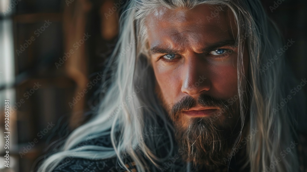 A man with long hair and a beard is staring at the camera A man with long hair and a beard is staring at the camera