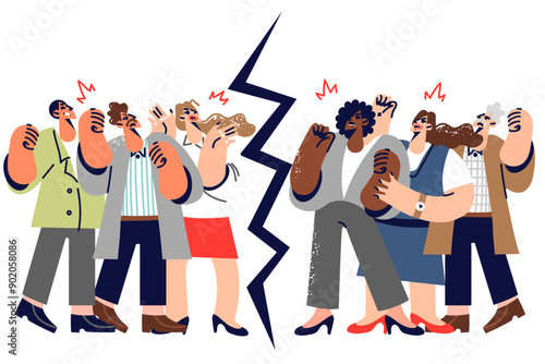 Disagreement in society with different groups of people standing on opposite sides of divide