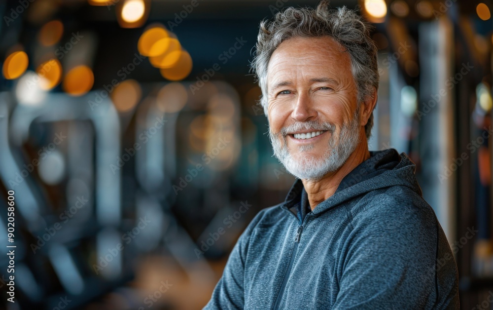 Obraz premium An active mature man with a beard smiles confidently in a fitness center, showcasing a healthy lifestyle amidst gym equipment and warm lighting