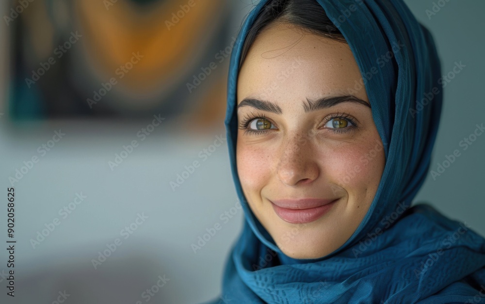 A joyful hijabi woman with a warm smile poses in her home, radiating happiness and confidence in a cozy, well-lit atmosphere A joyful hijabi woman with a warm smile poses in her home, radiating happiness and confidence in a cozy, well-lit atmosphere
