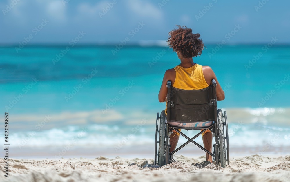 Fototapeta premium A black woman in a wheelchair sits peacefully on the sandy beach, facing the turquoise ocean and enjoying a sunny day