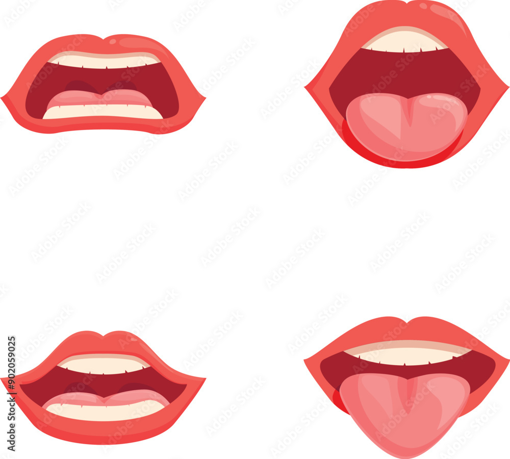 Collection of four stylized cartoon lips showcasing different expressions and emotions Collection of four stylized cartoon lips showcasing different expressions and emotions