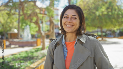 Portrait of a smiling middle-aged hispanic woman in casual clothing outdoors, exuding confidence and happiness. photo