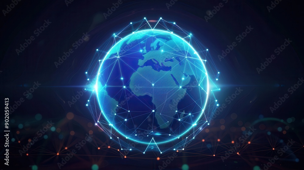 A digital globe with glowing connections representing global networks and technology advancements in a dark background. A digital globe with glowing connections representing global networks and technology advancements in a dark background.