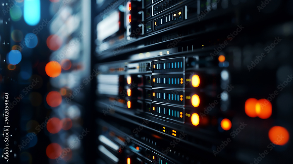 Close-up of illuminated server racks in a data center, showcasing modern technology infrastructure with various indicators and cables. Close-up of illuminated server racks in a data center, showcasing modern technology infrastructure with various indicators and cables.