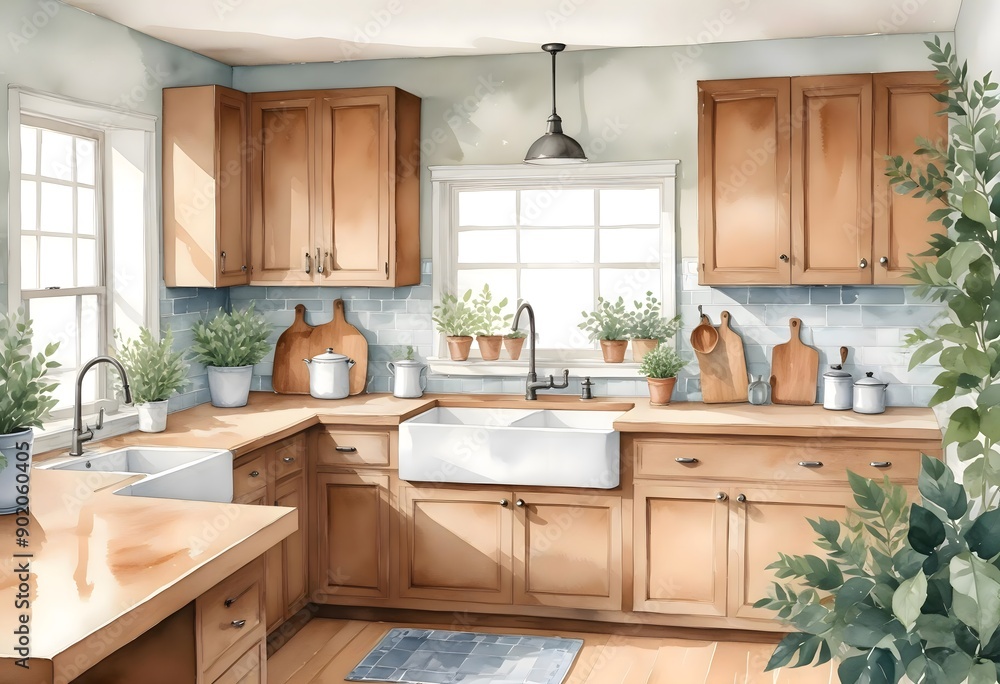 Fototapeta premium Watercolor modern and minimalist kitchen interior design illustration