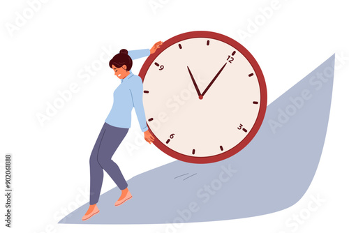 Deadlines put pressure on business woman trying to stop time, holding back big watch rolling down mountain. Problem of deadlines for businesswoman who wants to prevent violations of agreed plan