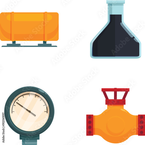 Flat design vector icons for industrial elements including a barrier, chemical flask, pressure gauge, and gate valve
