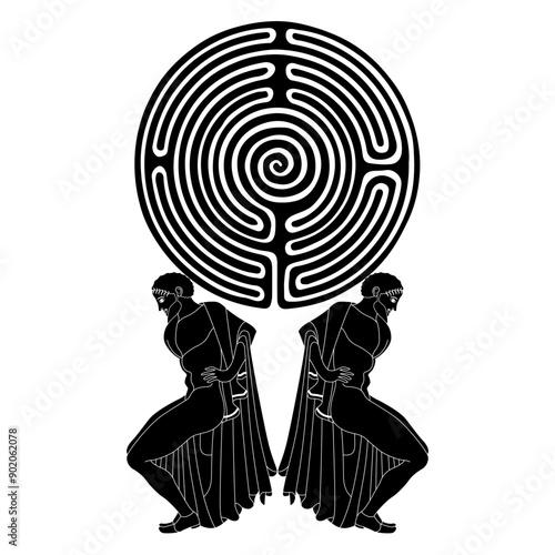 Two ancient Greek men holding a round spiral maze or labyrinth symbol. Creative philosophical concept. Black and white silhouette.