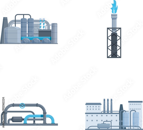 Vector illustration set of modern industrial facility icons for manufacturing. Refinery. And energy production infrastructure. Including equipment. Machinery. And systems for petrochemical. Chemical