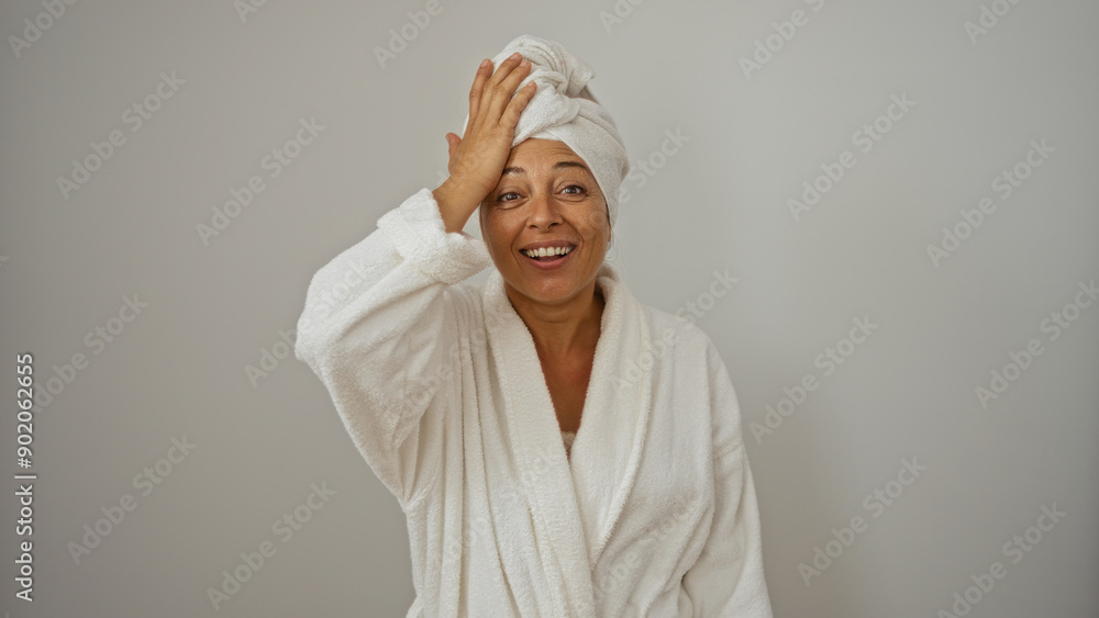 Beautiful mature hispanic woman in a bathrobe smiling joyfully with a towel wrapped around her head over a white wall background Beautiful mature hispanic woman in a bathrobe smiling joyfully with a towel wrapped around her head over a white wall background