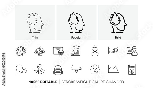 Stress, Certificate and Balance line icons. Pack of Presentation, Line chart, Save planet icon. Technical info, Financial diagram, Backpack pictogram. Teamwork, Inspect, Human sing. Line icons. Vector