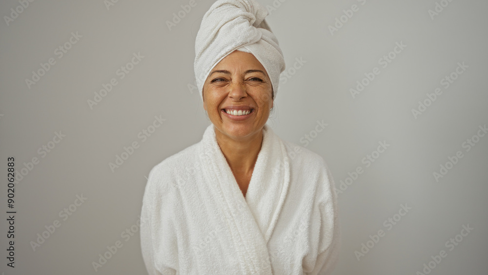 Middle-aged woman smiling in bathrobe and towel isolated on white background Middle-aged woman smiling in bathrobe and towel isolated on white background
