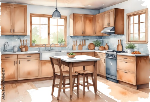 Watercolor modern and minimalist kitchen interior design illustration