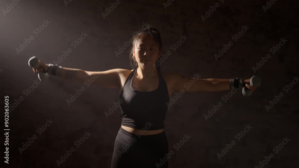 Front view of sportswoman lifting weights. Motivation and sport determination concept Front view of sportswoman lifting weights. Motivation and sport determination concept