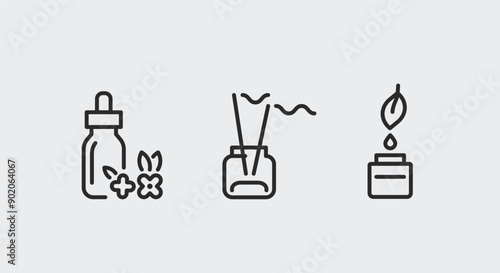 Aromatherapy and wellness icons. Aromatherapy and wellness trendy minimal icons. Reed Diffuser, Scented Candle icon. Design signs for web page, mobile app, packaging design. Vector illustration