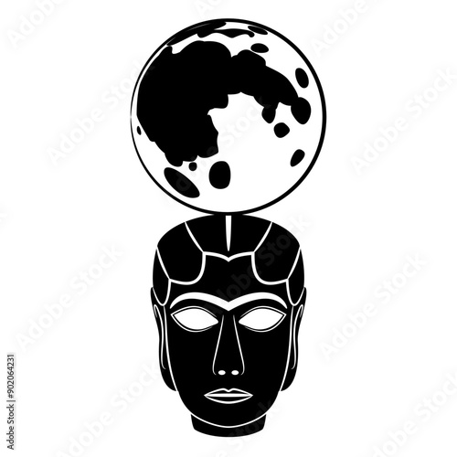 Goddess of moon. Ningal. Head of ancient Mesopotamian goddess with full moon as her crown. The Mask from Warka. Lady of Uruk. Black and white silhouette.