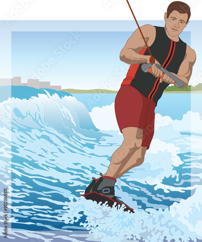 wakeboarding sport, male rider on a wakeboard riding the wake on open water