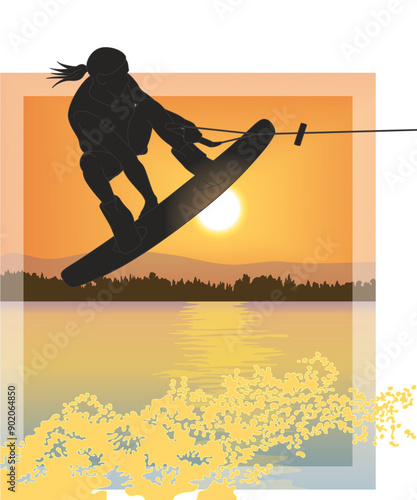 wakeboarding sport, female rider on a wakeboard making an extreme jump in midair over water with a sunset background
