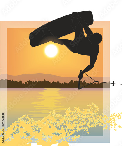 wakeboarding sport, male rider on a wakeboard making an extreme jump in midair over water with a sunset background
