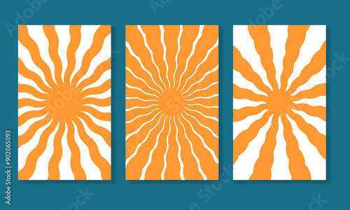 Vertical posters with groovy sun backgrounds. Orange wavy rays of sunburst, sunrise or sunset. Summer theme wallpapers. Modern psychedelic prints. Positive vibes designs. Vector flat illustration.