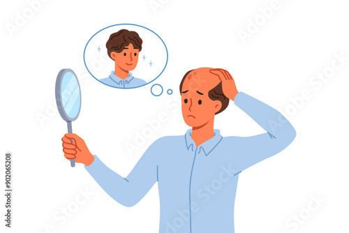 Problem of baldness in man looking in mirror and remembering presence of beautiful hair. Guy suffers from baldness due to poor genetics or insufficient intake of vitamins for body.
