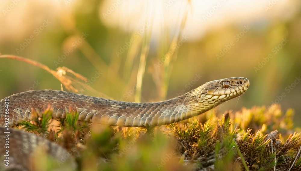 Closeup side view of aesculapian snake in wild nature on blurred background on summer day