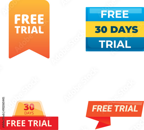 Set of colorful digital badges offering free trials, suitable for web promotions