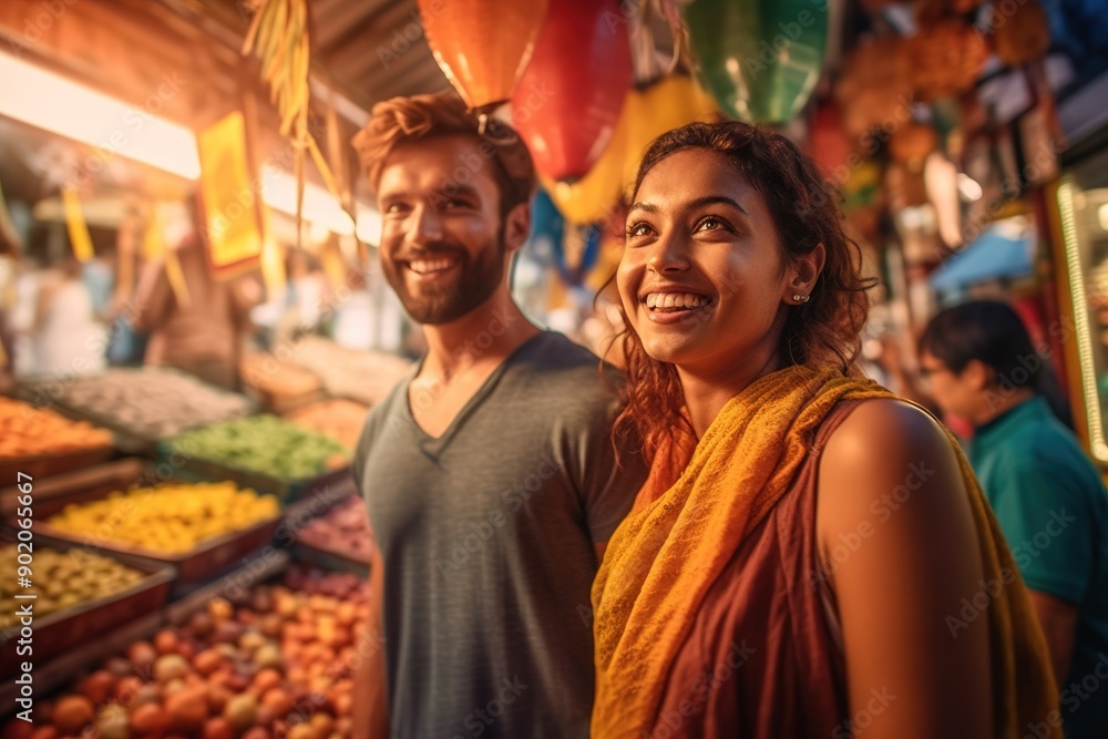 Young couple exploring Asian local market in vacations