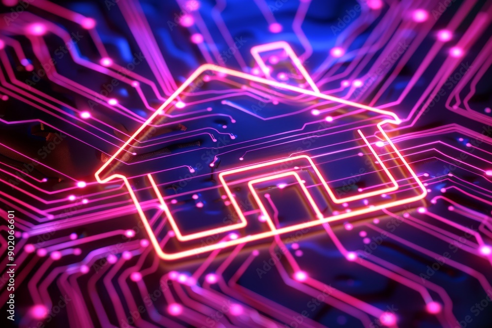 Obraz premium Neon pink house icon on vibrant digital circuitry symbolizing smart home technology and modern connectivity