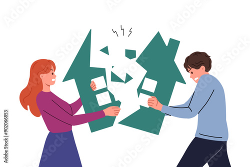 Ex-spouses divide property during divorce, breaking house in half and destroying jointly acquired capital. Difficult divorce for married couple, due to betrayal of one of partners or instability